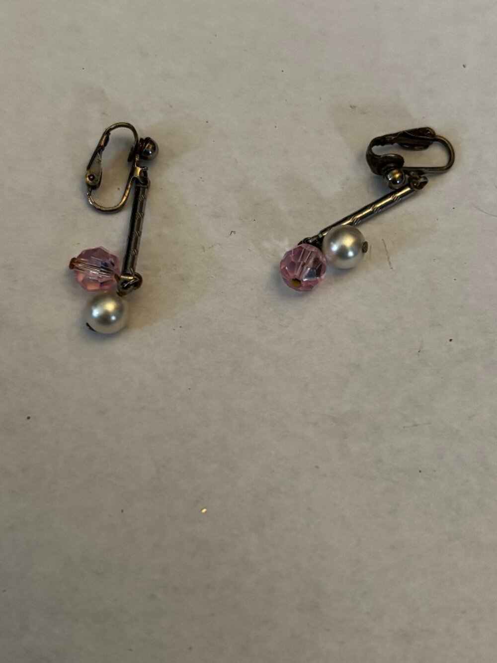 Clip on earrings silver tone pink lucite pearl dangles